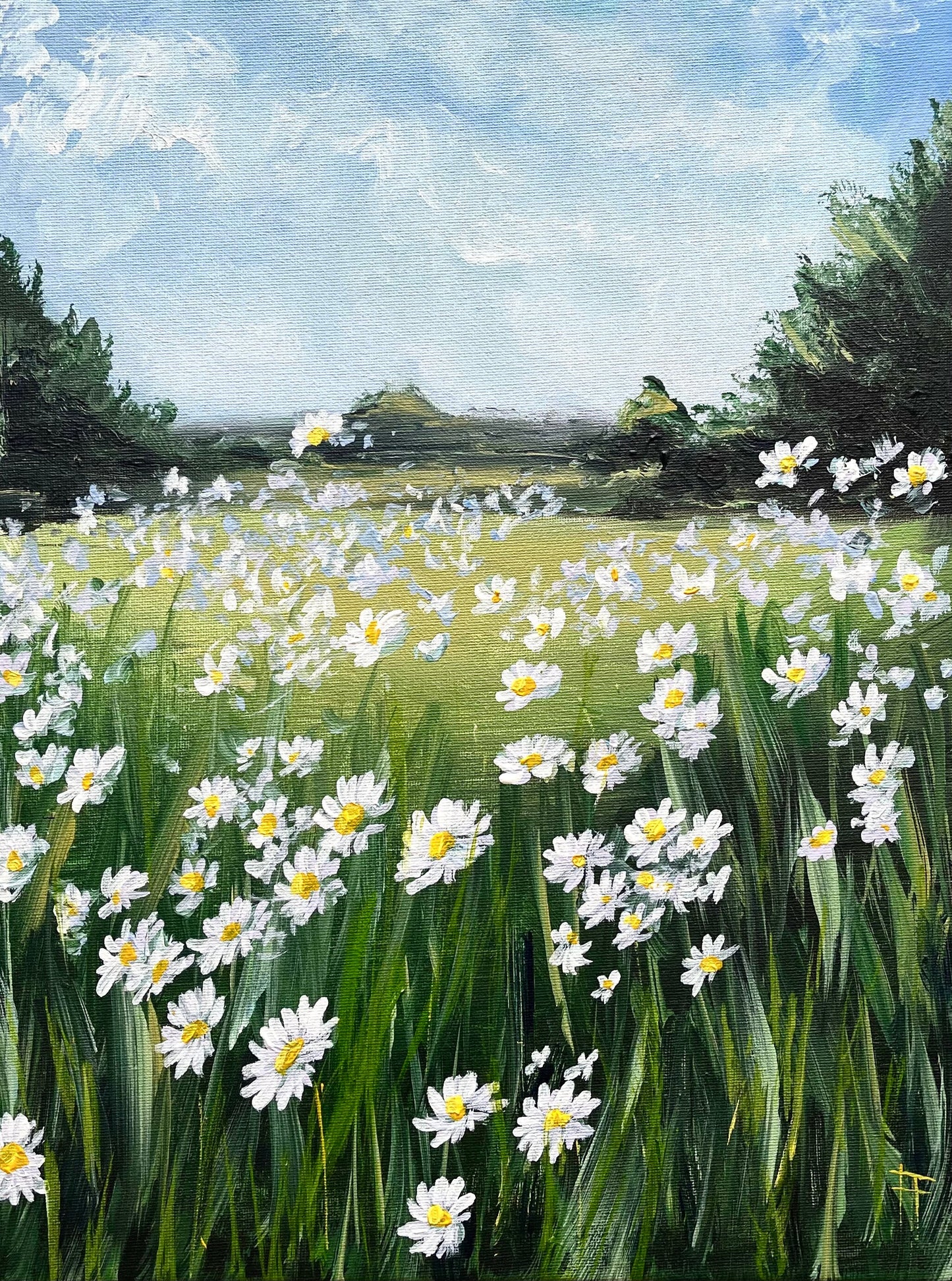 Flowers Landscape Painting Daisies Painting Meadow Landscape Original Acrylic Painting Countryside Painting Flowers Wall art Gift for Mom