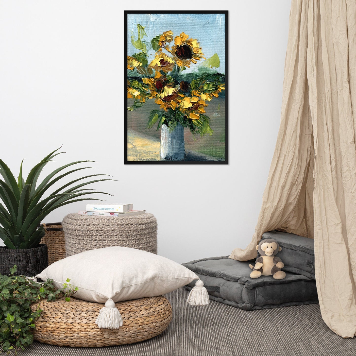 Sunflower painting Framed Wall Art Large flowers poster Sunflower bouquet
