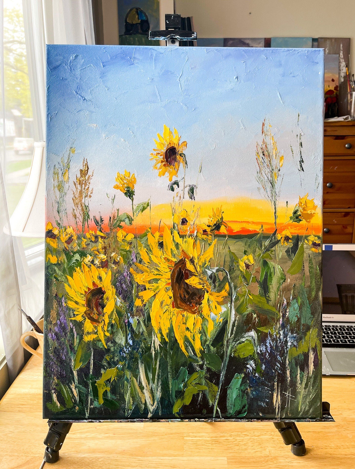Sunflower painting Original canvas art Sunflower field Impasto painting