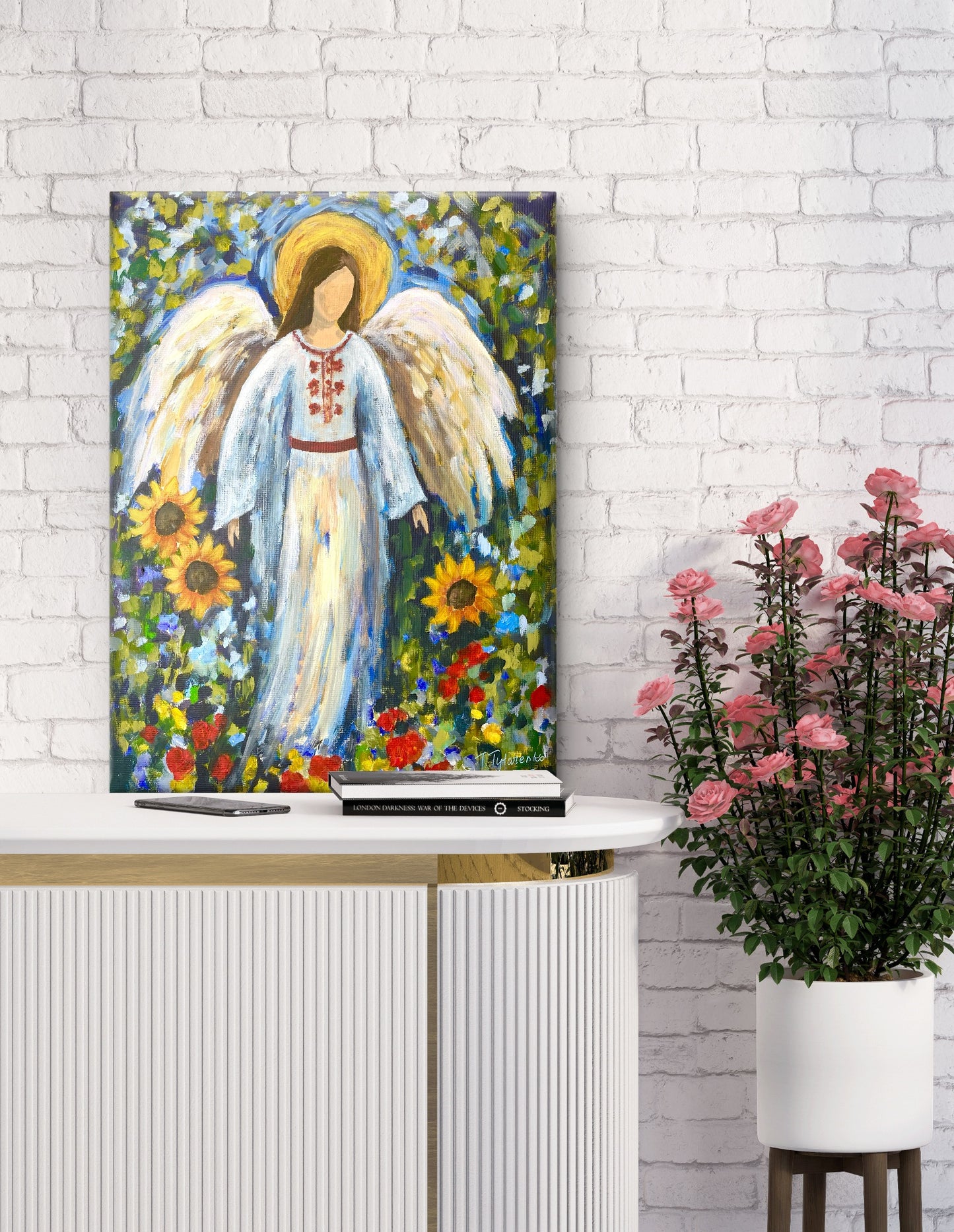 Ukrainian Angel Gift For Her Original Painting Sunflower Angel Wall Art