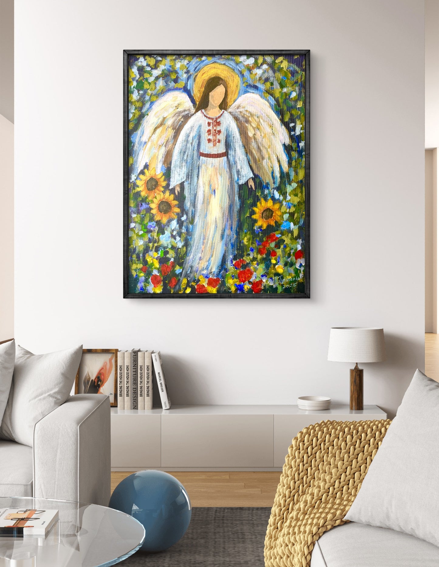 Ukrainian Angel Gift For Her Original Painting Sunflower Angel Wall Art