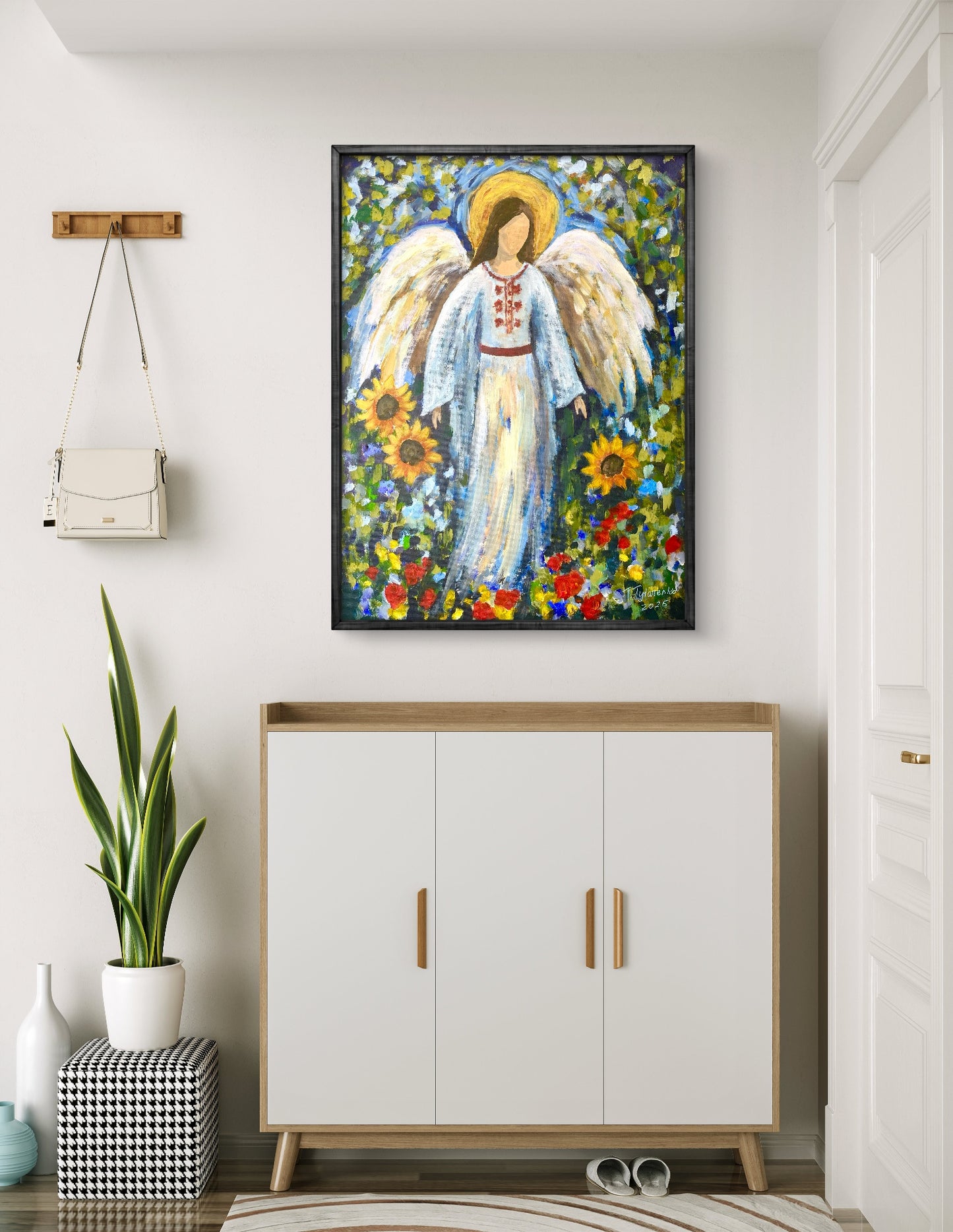 Ukrainian Angel Gift For Her Original Painting Sunflower Angel Wall Art