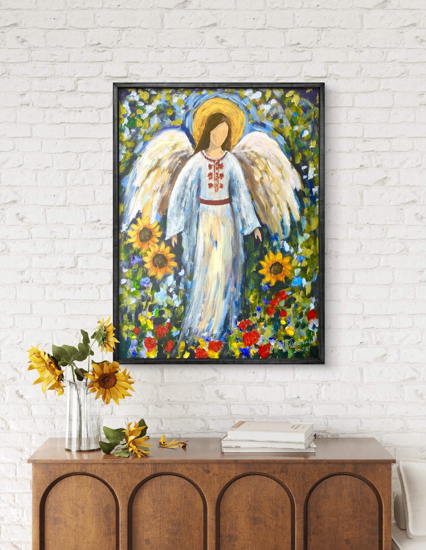 Ukrainian Angel Gift For Her Original Painting Sunflower Angel Wall Art