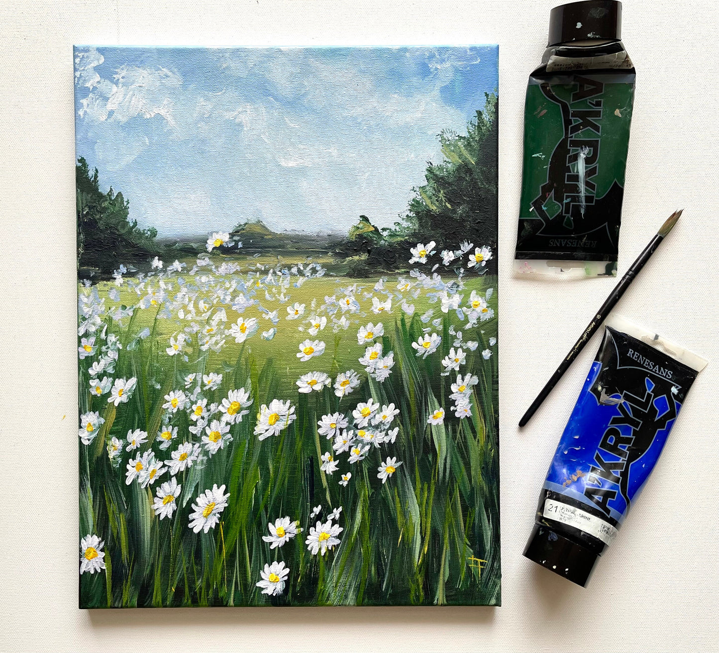 Flowers Landscape Painting Daisies Painting Meadow Landscape Original Acrylic Painting Countryside Painting Flowers Wall art Gift for Mom
