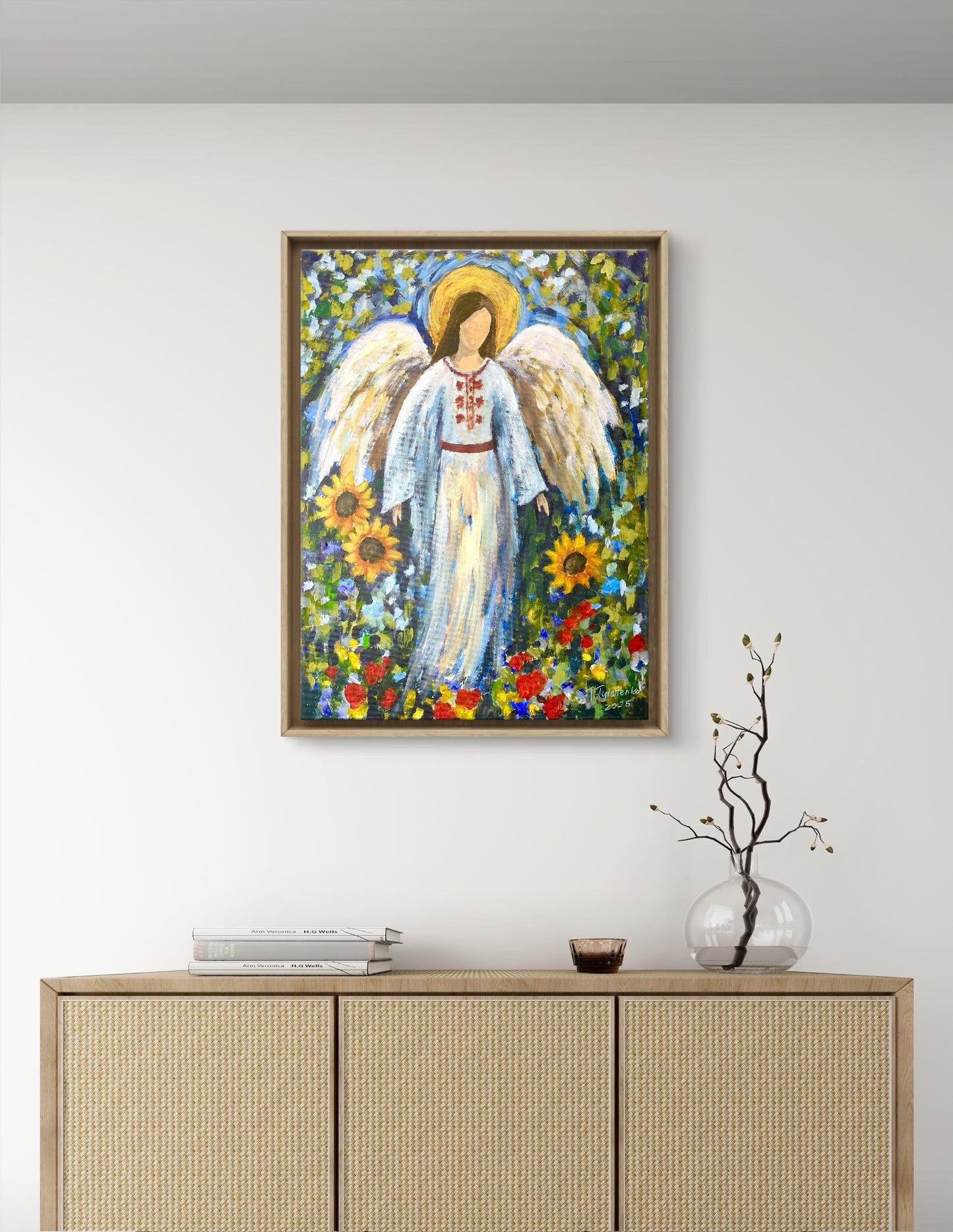 Ukrainian Angel Gift For Her Original Painting Sunflower Angel Wall Art