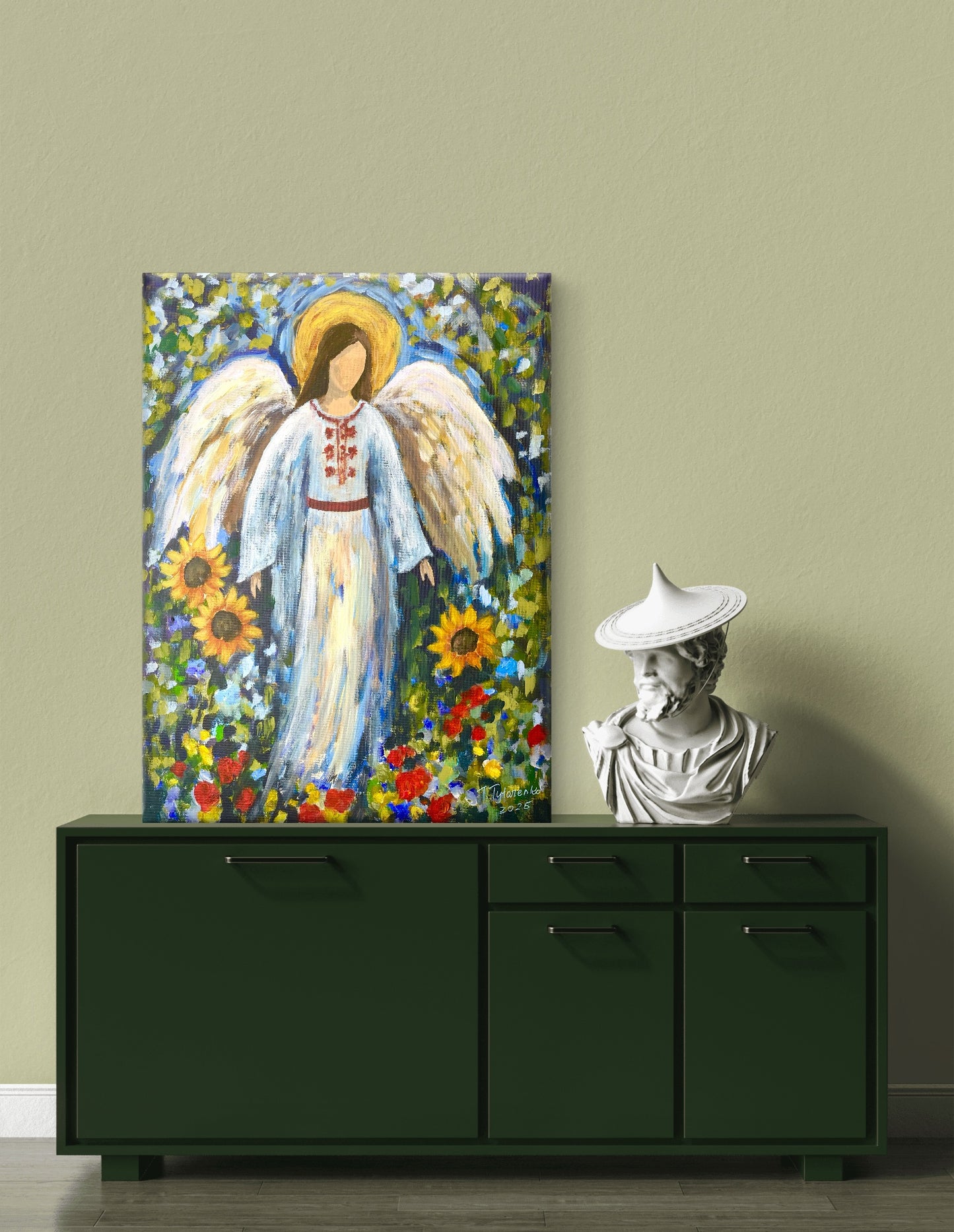 Ukrainian Angel Gift For Her Original Painting Sunflower Angel Wall Art