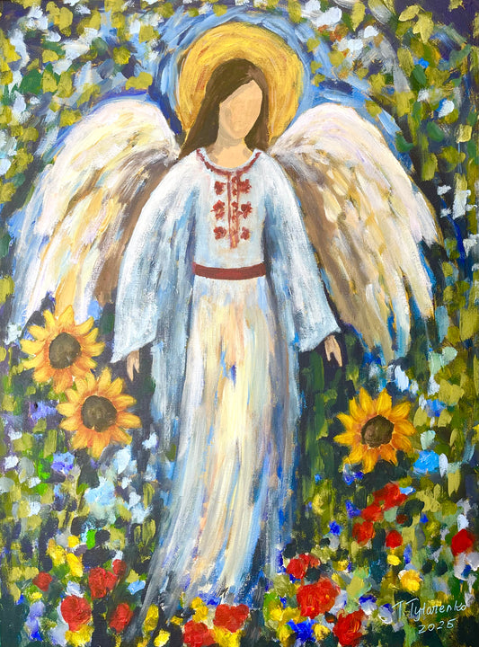 Ukrainian Angel Gift For Her Original Painting Sunflower Angel Wall Art
