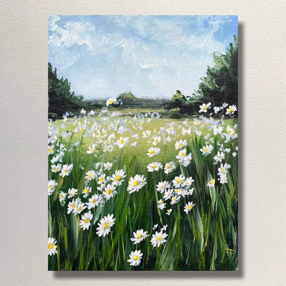 Flowers Landscape Painting Daisies Painting Meadow Landscape Original Acrylic Painting Countryside Painting Flowers Wall art Gift for Mom