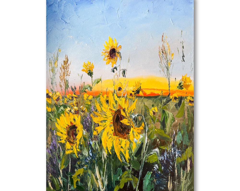 Sunflower painting Original canvas art Sunflower field Impasto painting