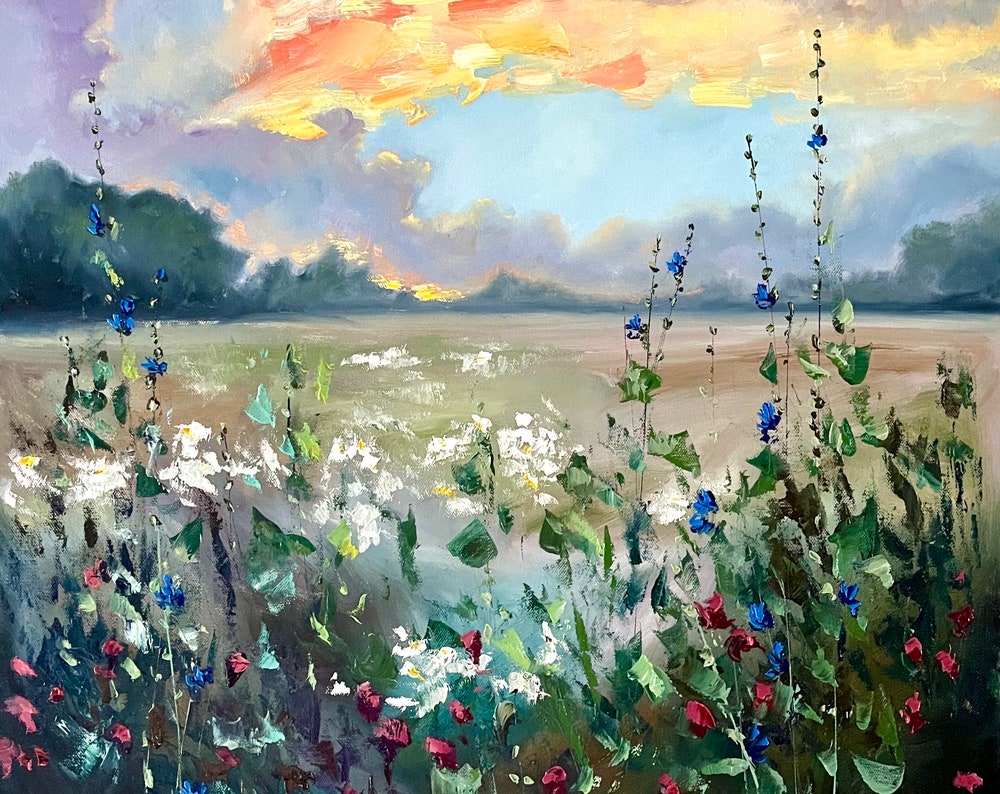 Wildflower Painting Flowers Wall Art Original Oil Painting Meadow Painting Flowers Landscape on a stretched canvas
